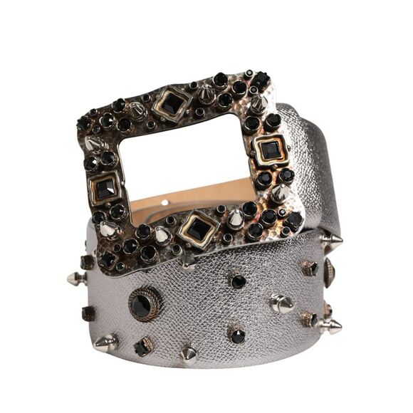 Dolce & Gabbana Silver Leather Crystal Metal Buckle Women's Belt